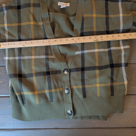 Rachel Zoe XL Olive Plaid Layered Cardigan Attached Shirt Sweater - Picture 6 of 8